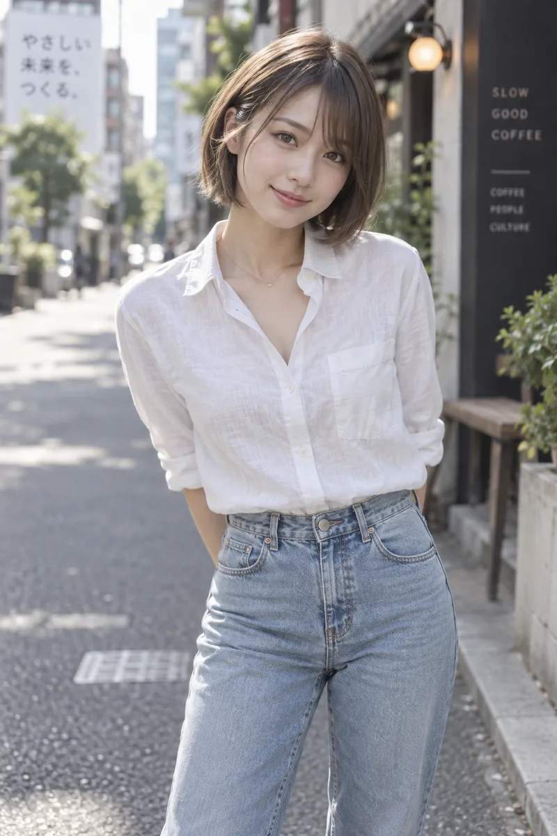 on a quiet city street, strongly blurred background, shallow depth of field, shot at f/1.4 を足して生成した例（2枚目）