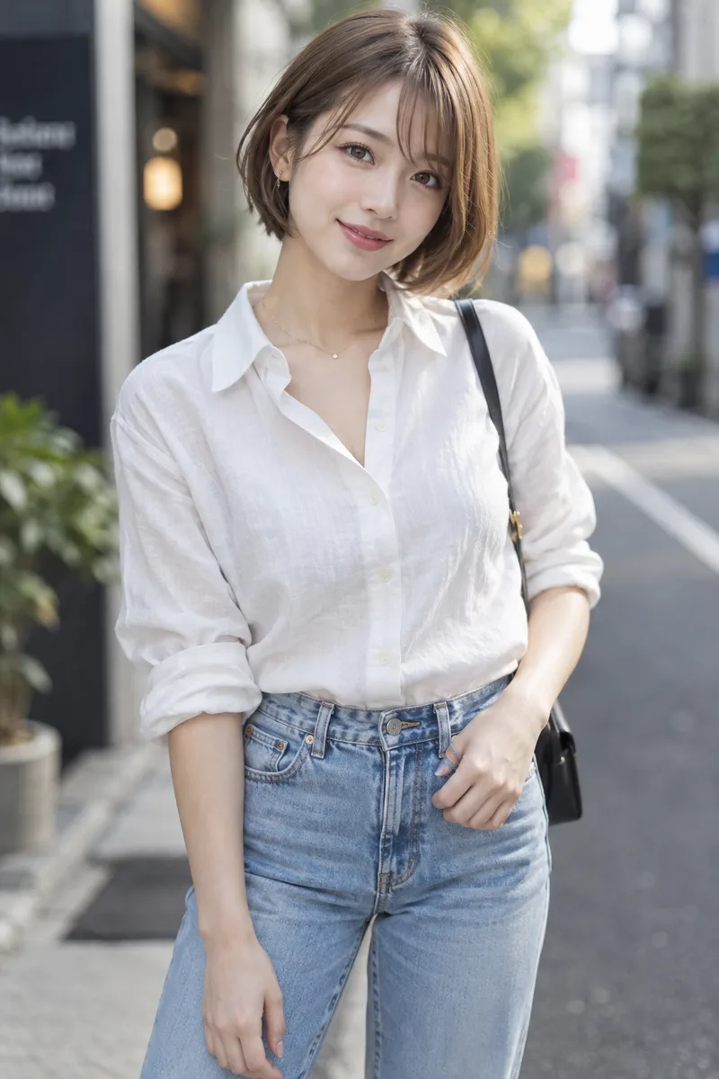 on a quiet city street, strongly blurred background, shallow depth of field, shot at f/1.4 を足して生成した例（3枚目）