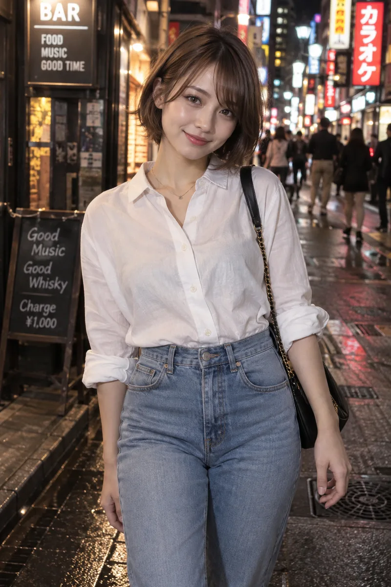 on a Tokyo street at night with neon signs を足して生成した例（2枚目）