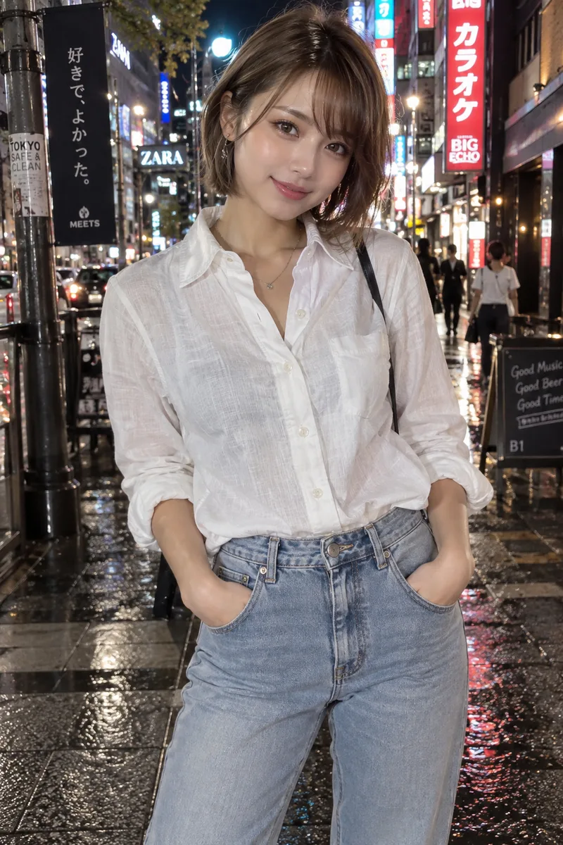 on a Tokyo street at night with neon signs を足して生成した例（3枚目）