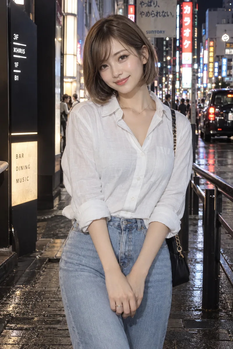on a Tokyo street at night with neon signs を足して生成した例（4枚目）