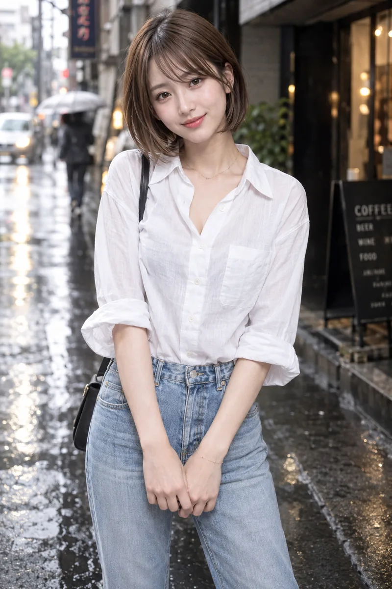 on a rainy street を足して生成した例（3枚目）