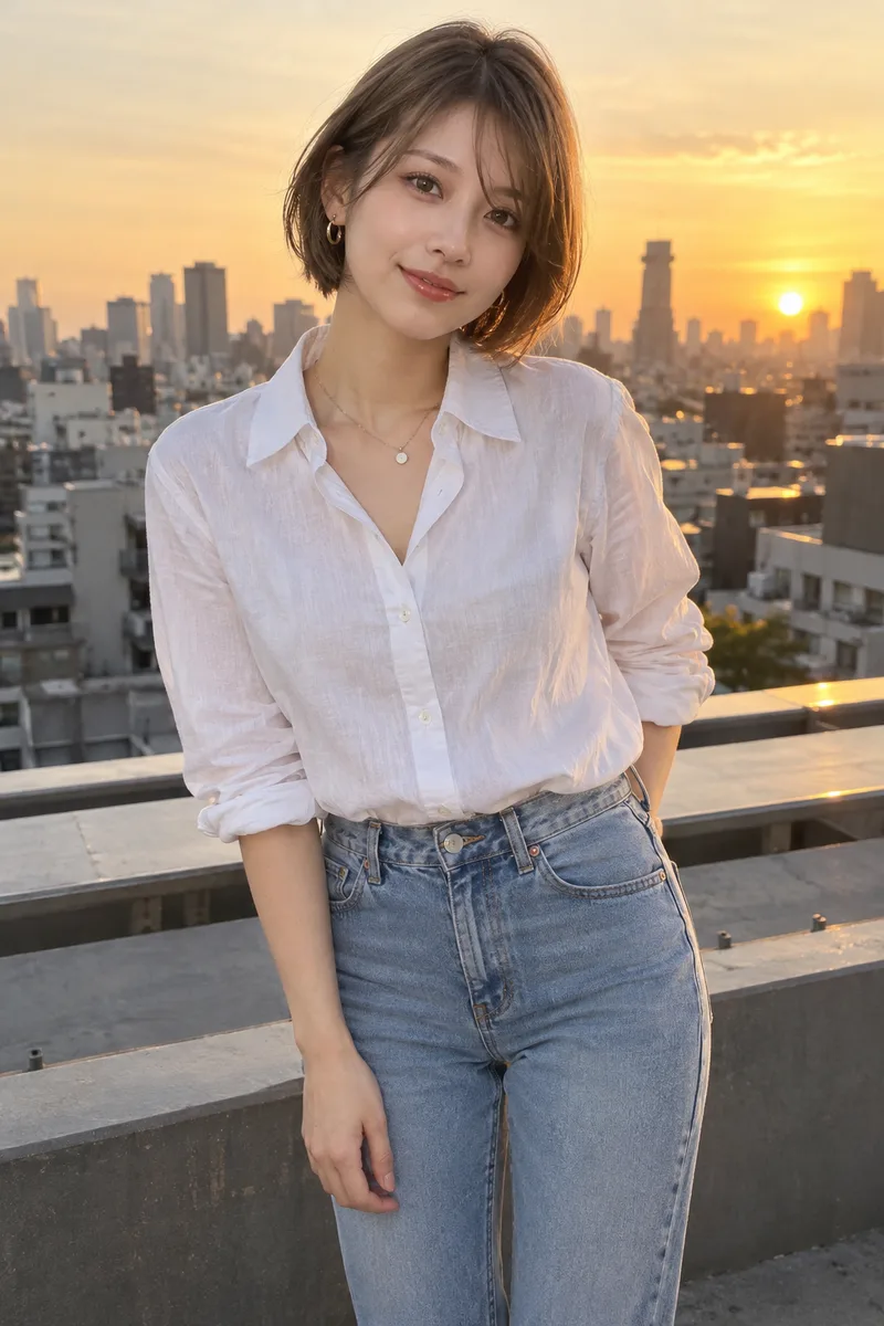 on a rooftop at sunset を足して生成した例（2枚目）