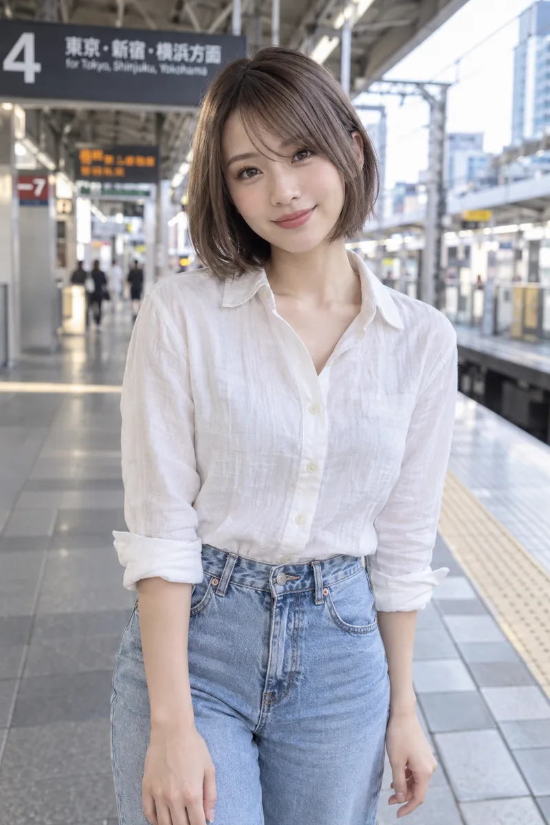 on a train station platform, empty-handed with no bag を足して生成した例（1枚目）