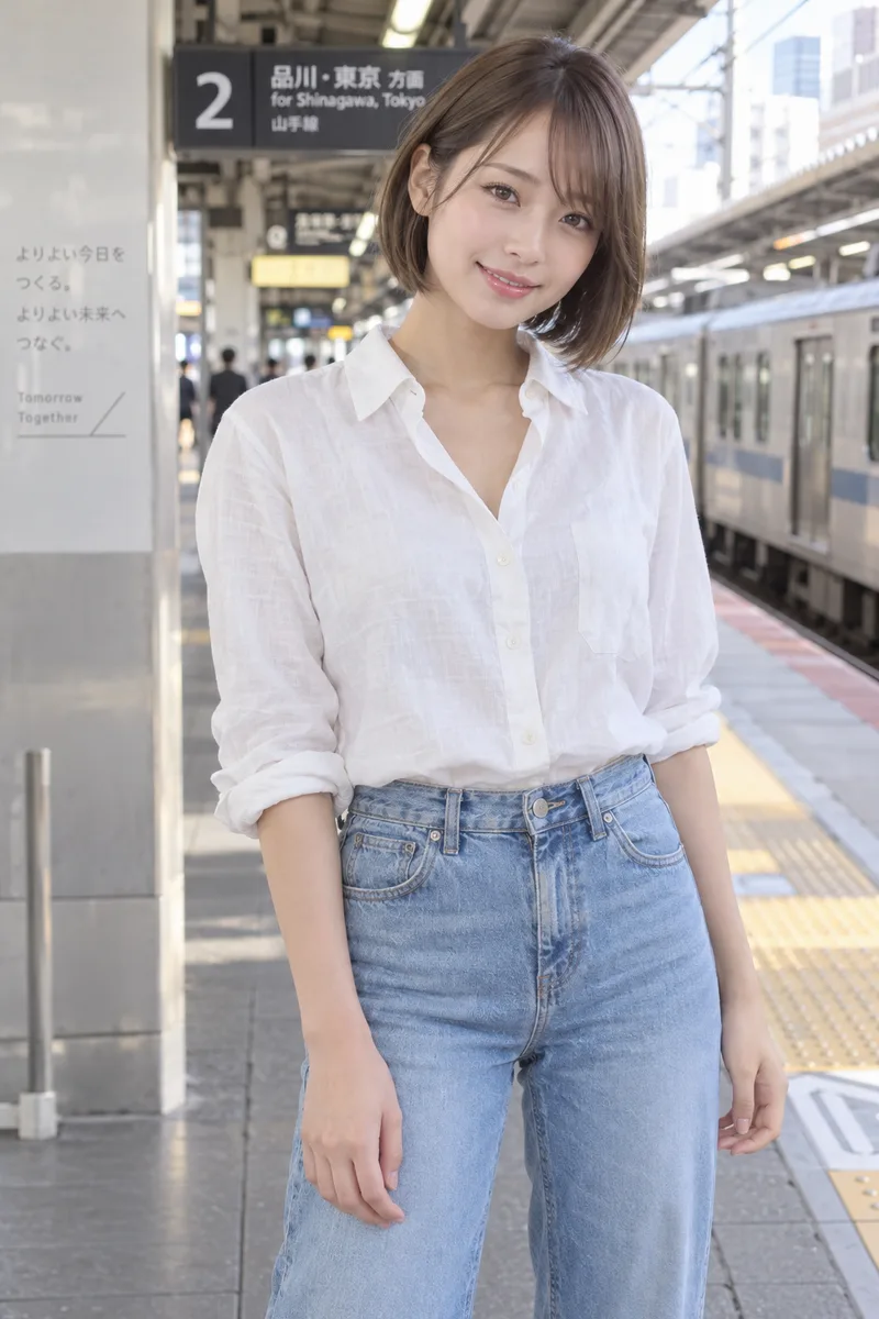 on a train station platform, empty-handed with no bag を足して生成した例（2枚目）