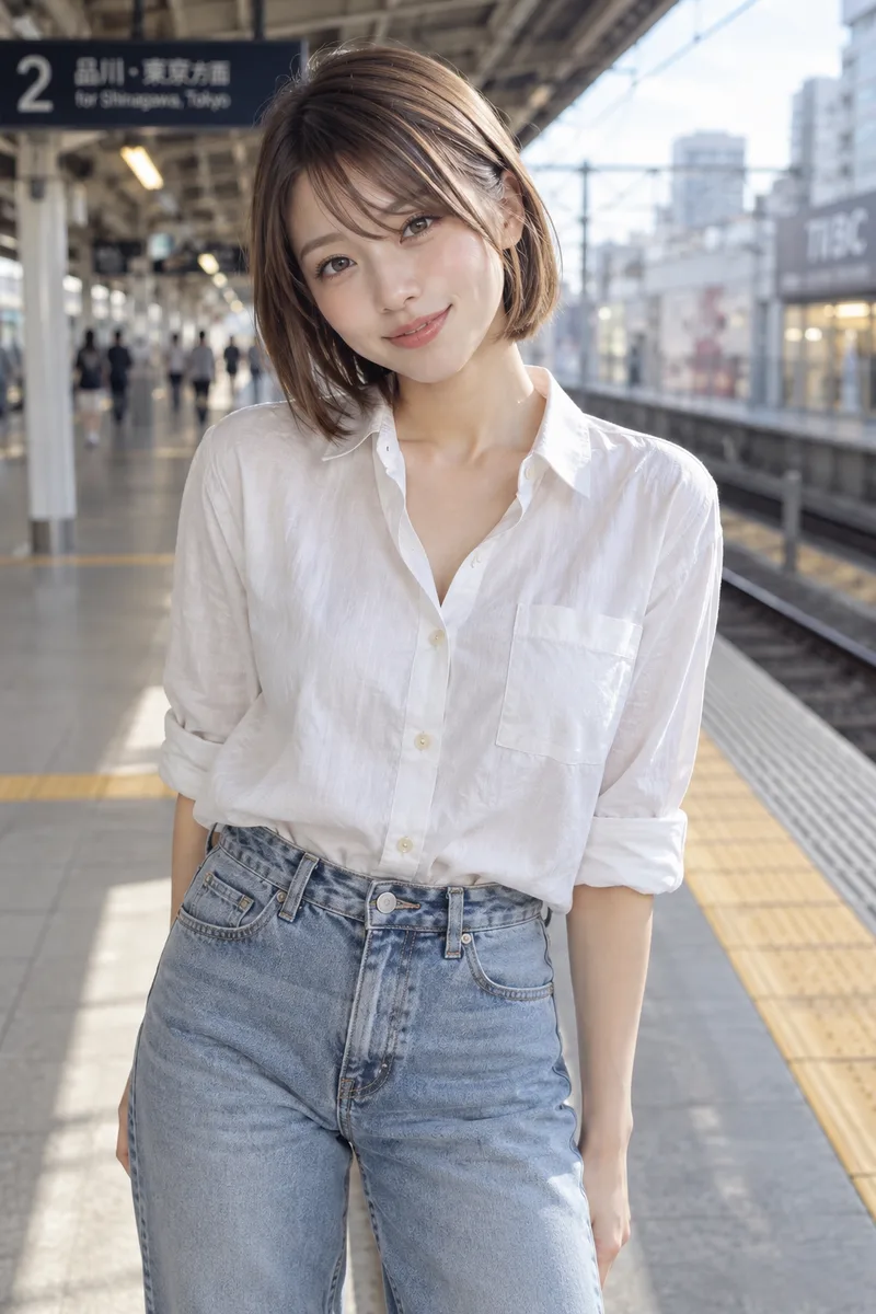 on a train station platform, empty-handed with no bag を足して生成した例（3枚目）
