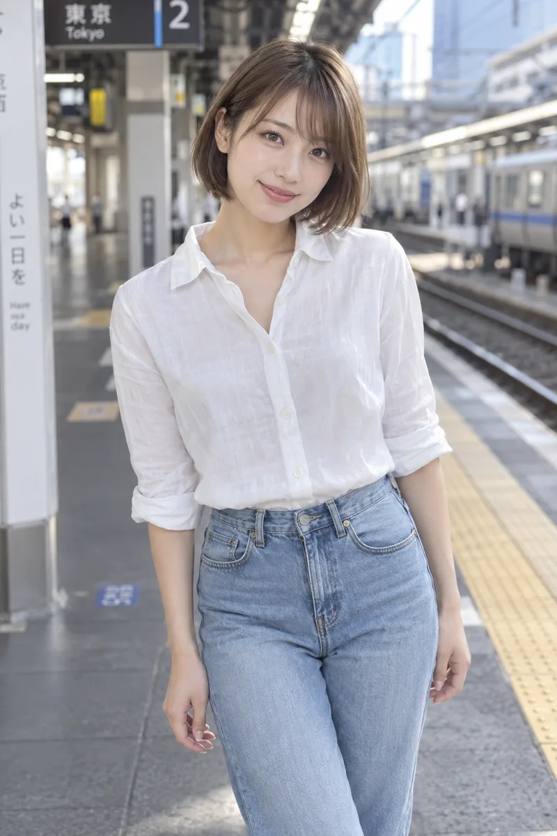 on a train station platform, empty-handed with no bag を足して生成した例（4枚目）