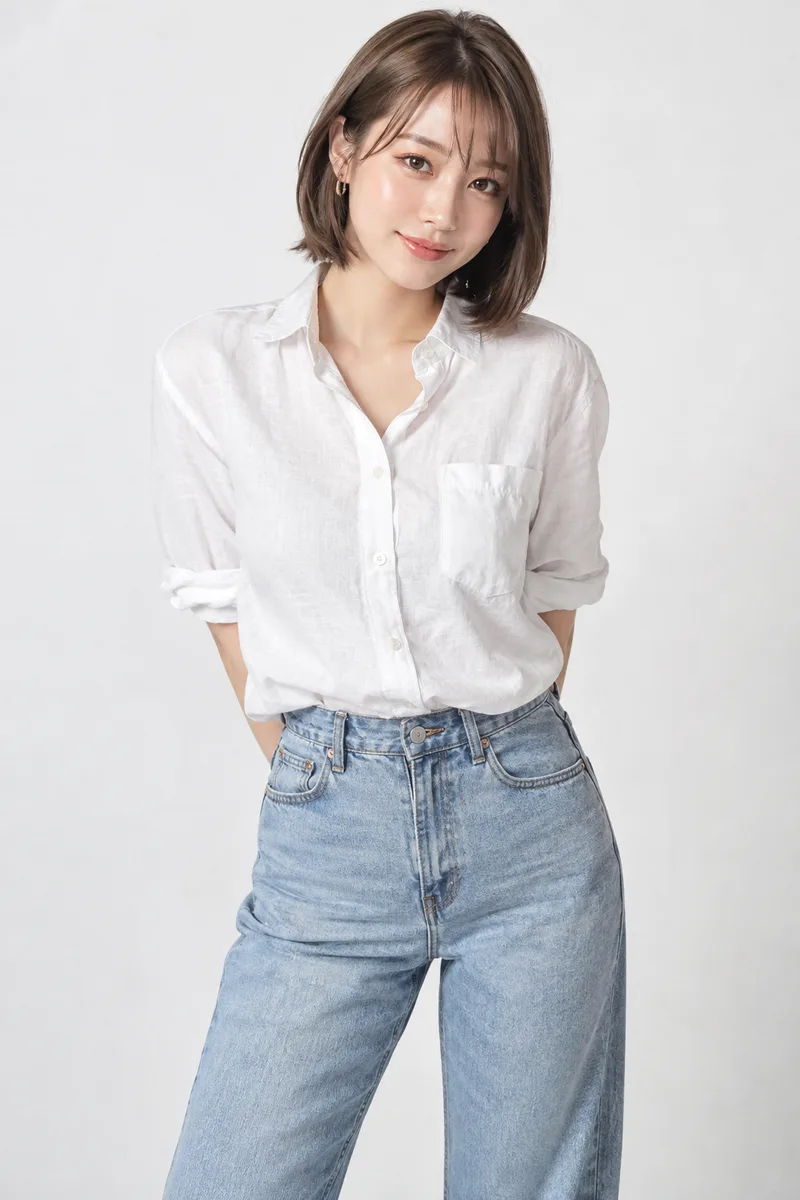 in front of a plain white studio backdrop を足して生成した例（2枚目）