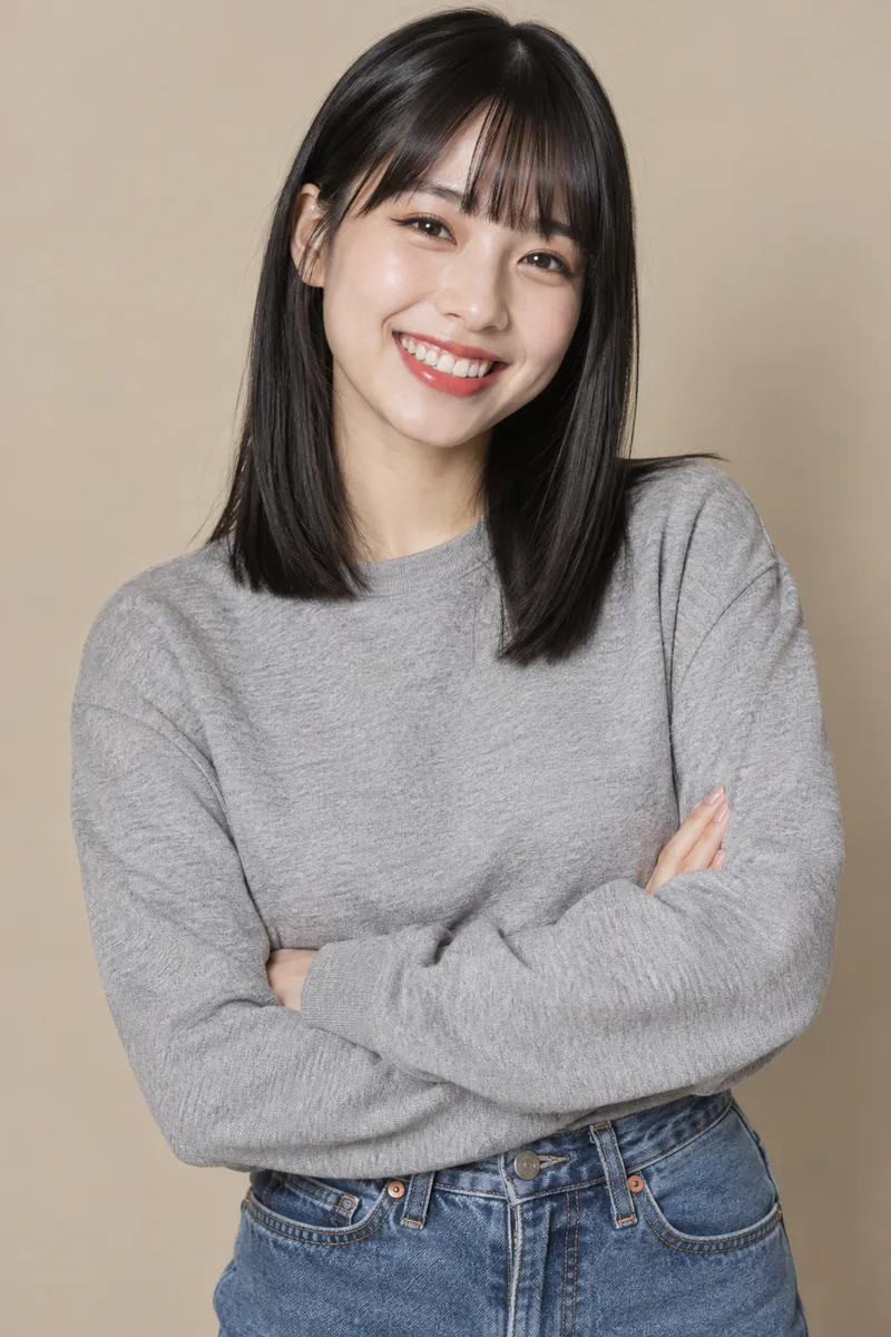 arms crossed, with a big bright smile を足して生成した例（3枚目）
