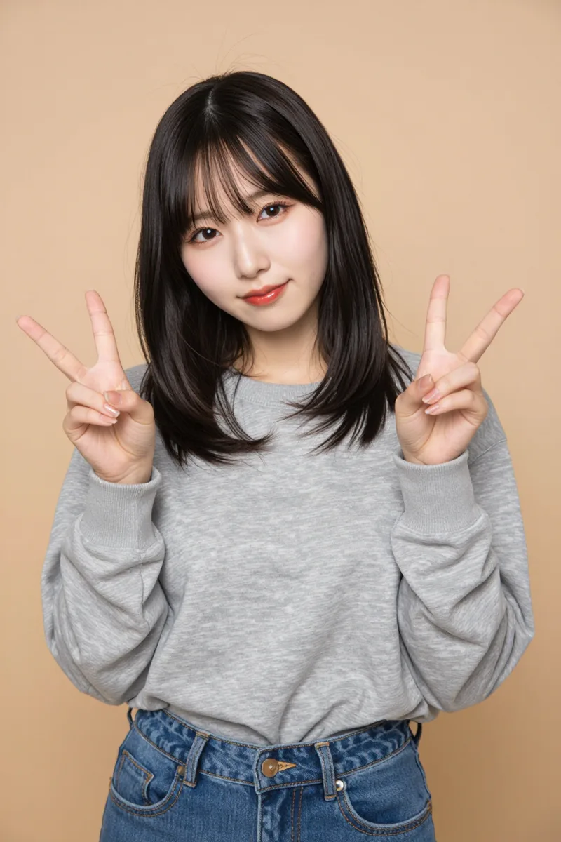 making a double peace sign with both hands を足して生成した例（1枚目）