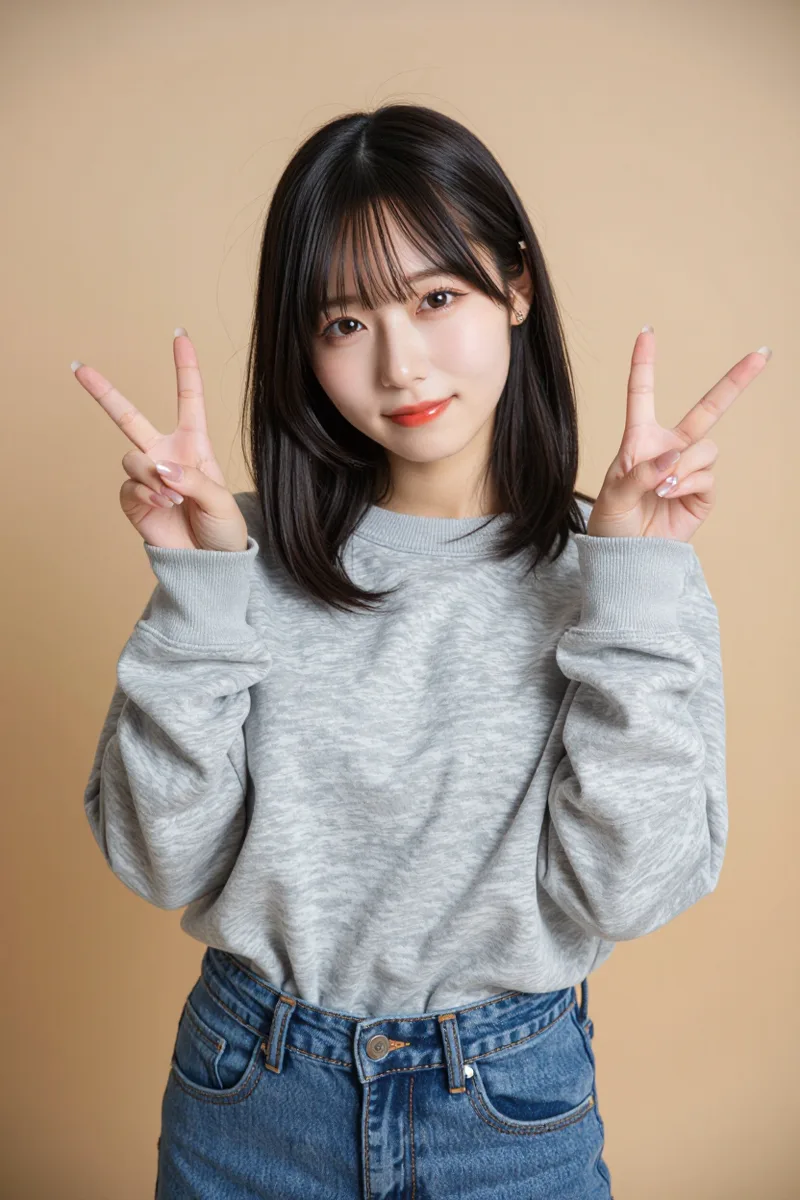 making a double peace sign with both hands を足して生成した例（2枚目）