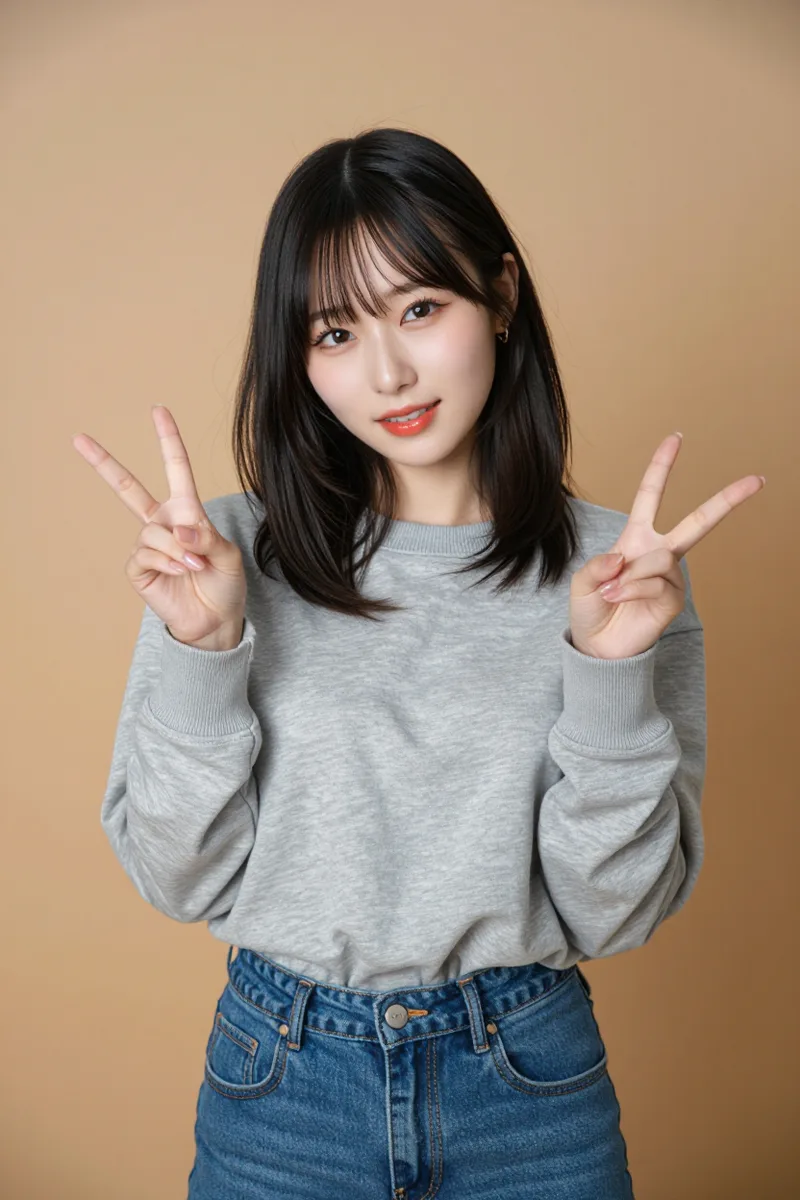 making a double peace sign with both hands を足して生成した例（3枚目）