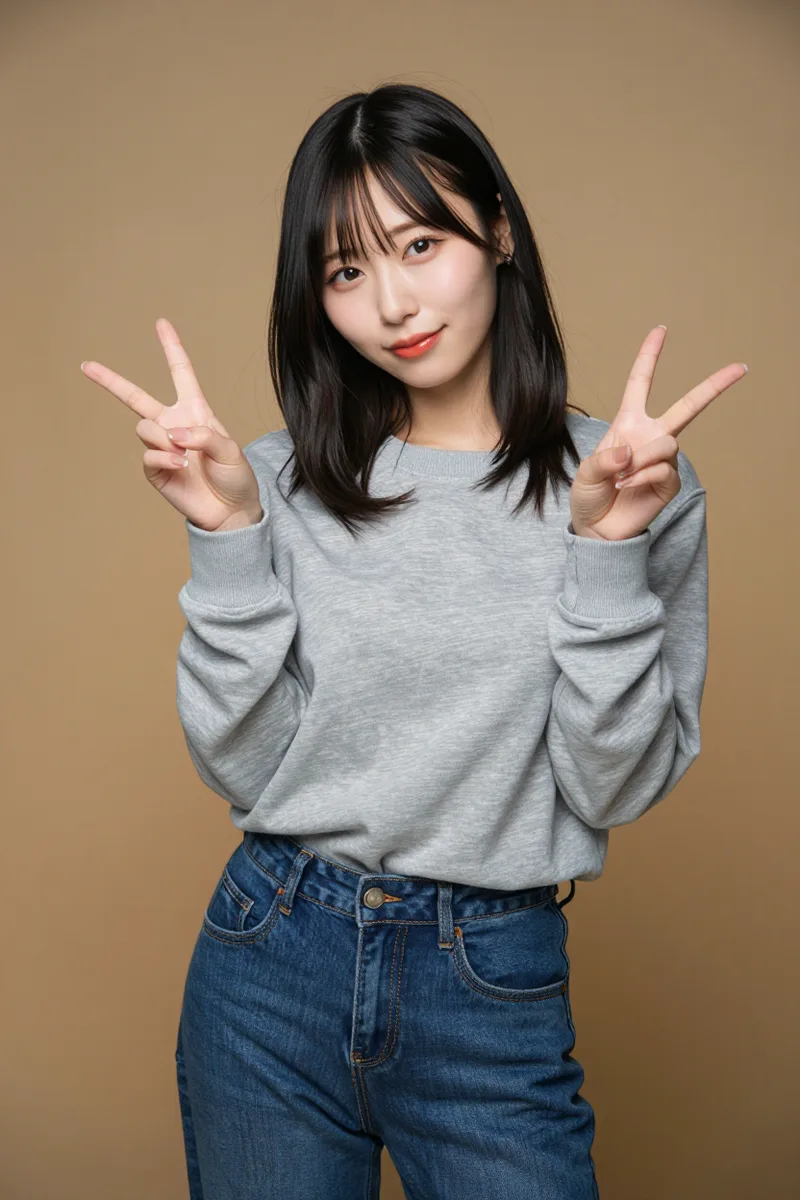making a double peace sign with both hands を足して生成した例（4枚目）