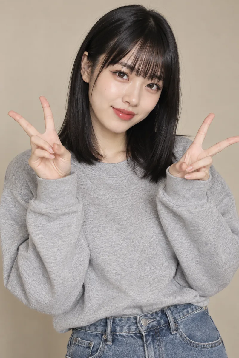 making a double peace sign with both hands を足して生成した例（2枚目）