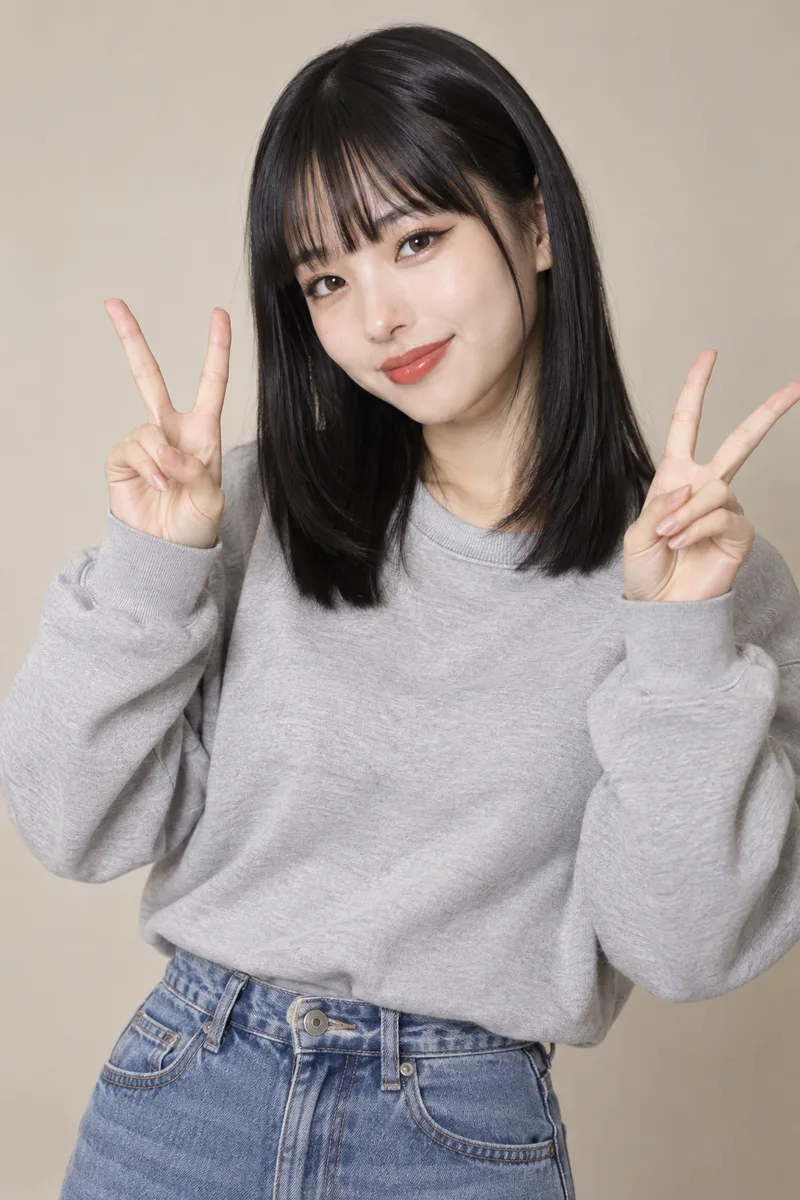 making a double peace sign with both hands を足して生成した例（3枚目）