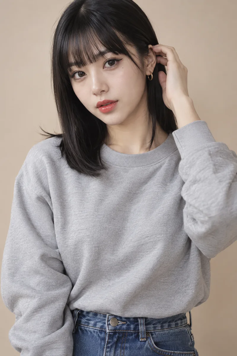 tucking her hair behind her ear を足して生成した例（2枚目）