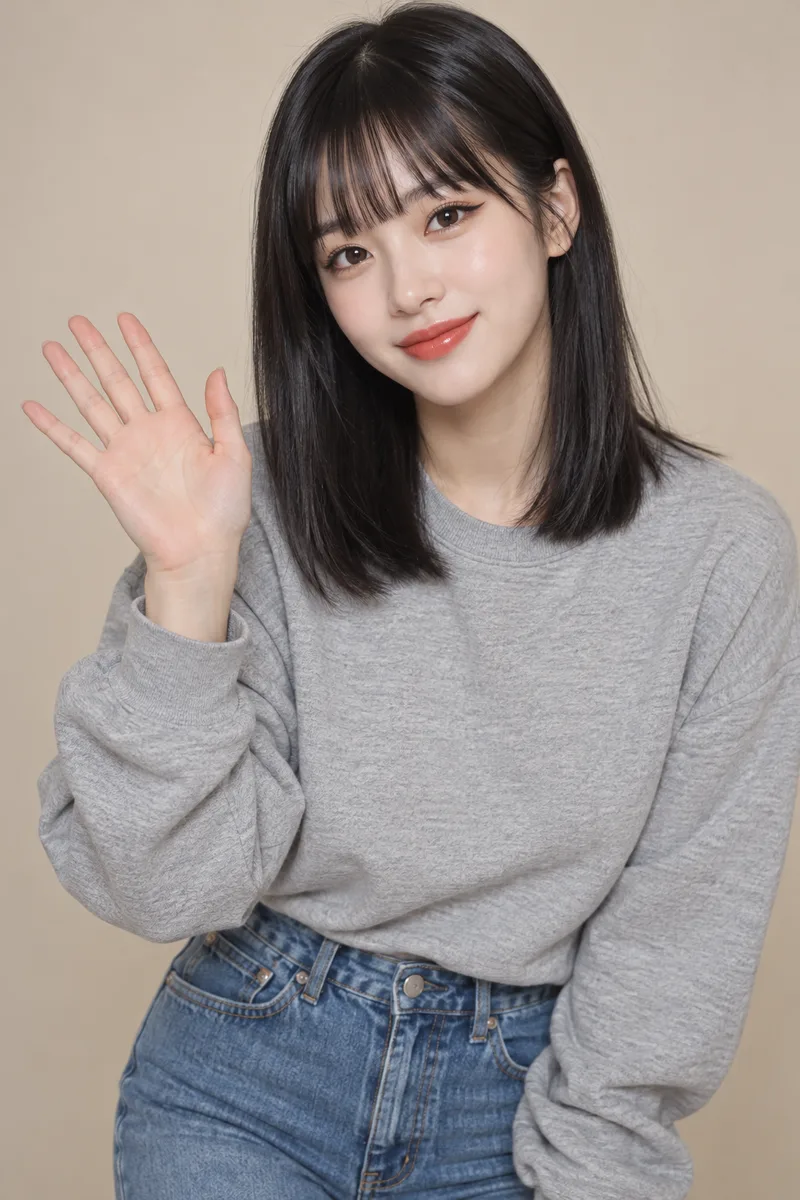 waving her hand を足して生成した例（3枚目）
