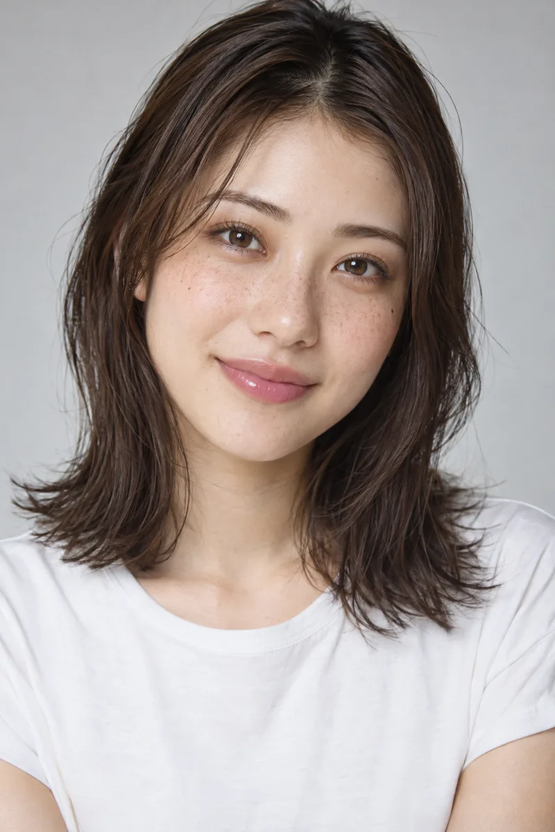 freckles across her nose and cheeks を足して生成した例（1枚目）