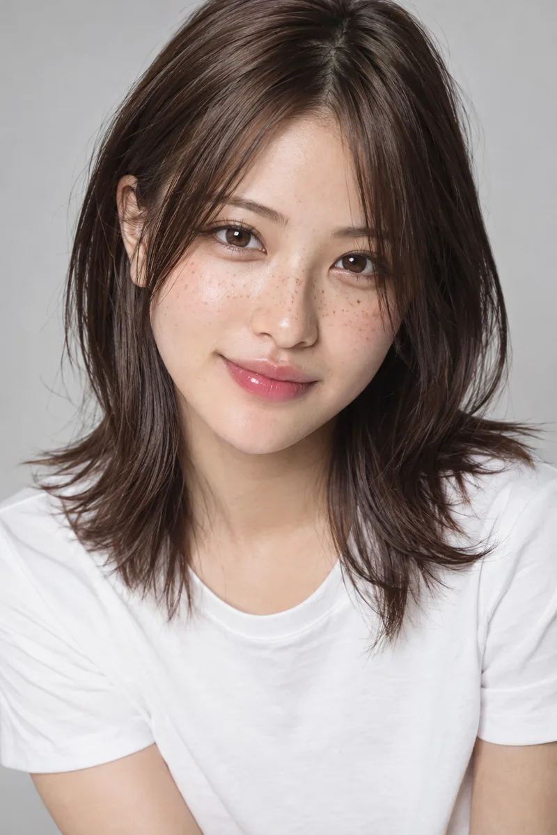 freckles across her nose and cheeks を足して生成した例（2枚目）