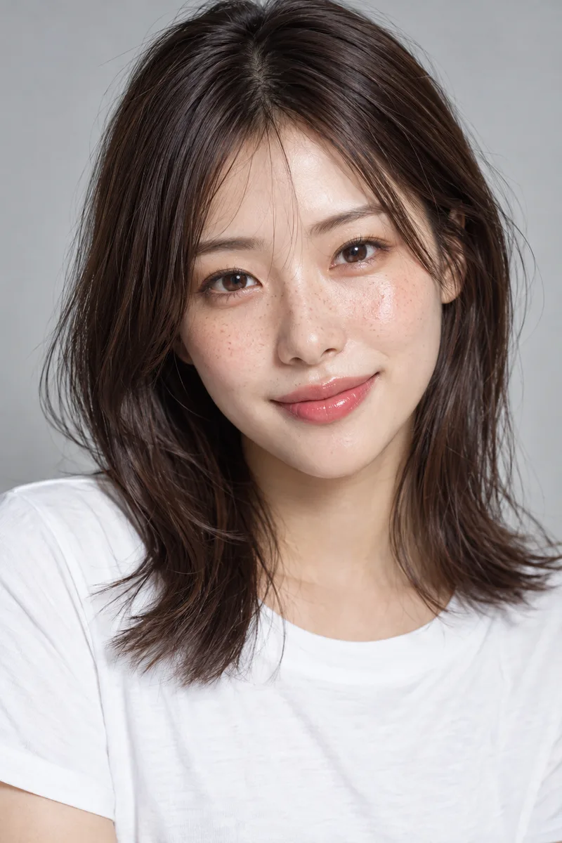freckles across her nose and cheeks を足して生成した例（3枚目）