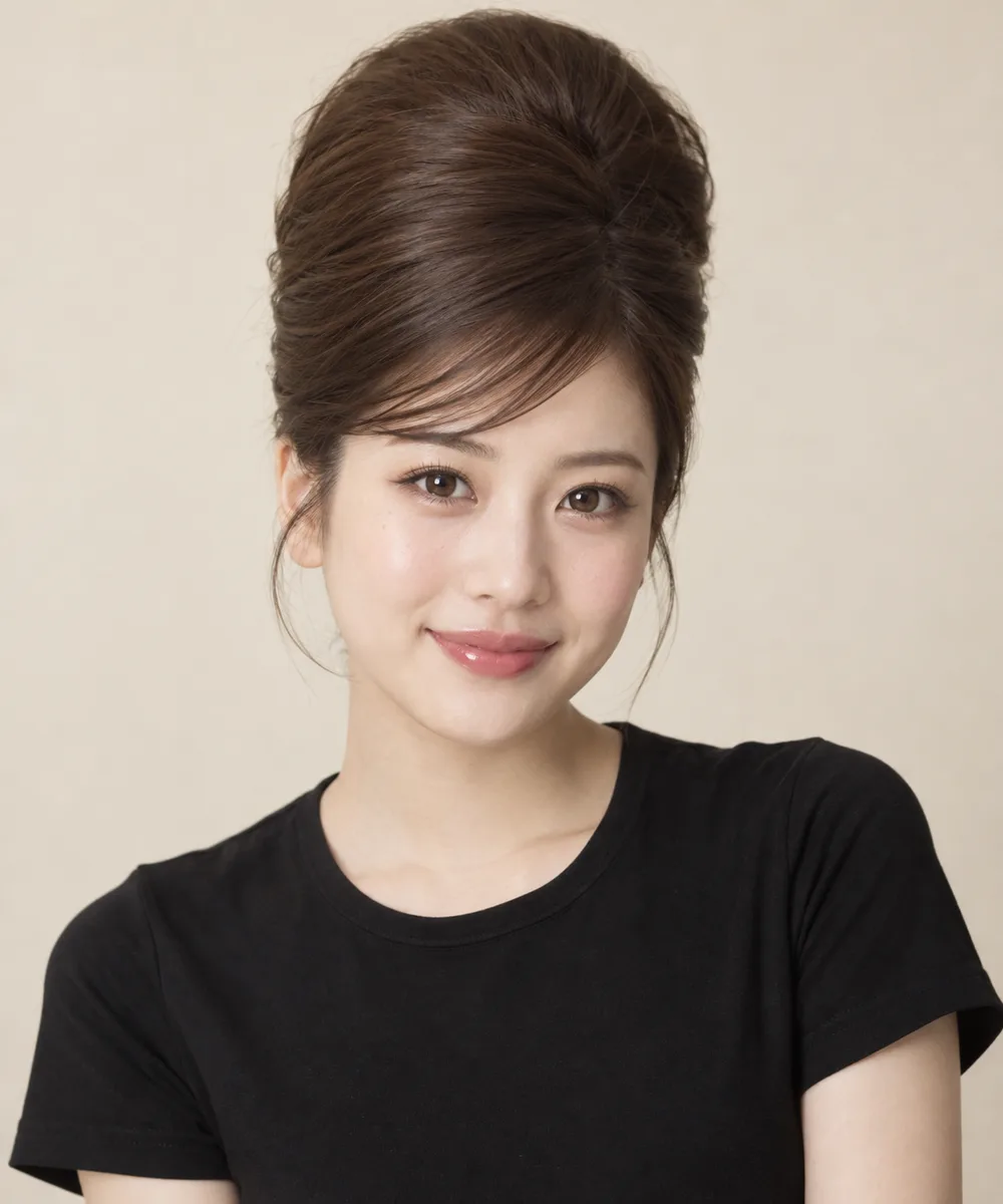 with a tall 1960s beehive hairstyle, all of her hair teased and piled into a high smooth rounded dome on top of her head, about as tall as her face を足して生成した例（2枚目）