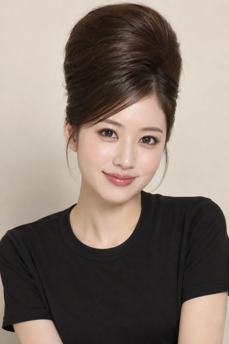 with a tall 1960s beehive hairstyle, all of her hair teased and piled into a high smooth rounded dome on top of her head, about as tall as her face を足して生成した例（3枚目）