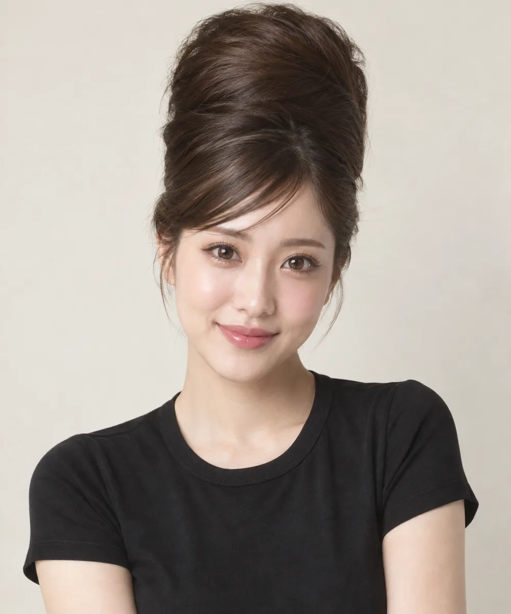 with a tall 1960s beehive hairstyle, all of her hair teased and piled into a high smooth rounded dome on top of her head, about as tall as her face を足して生成した例（4枚目）