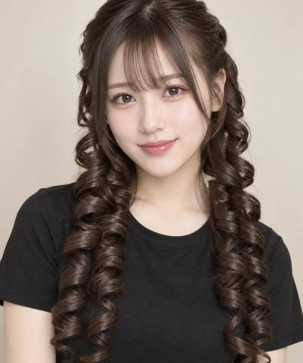 with long hair styled into thick, tight, vertical corkscrew ringlets that hang like spiral drills on both sides of her face, elegant ojou-sama drill hair を足して生成した例（2枚目）