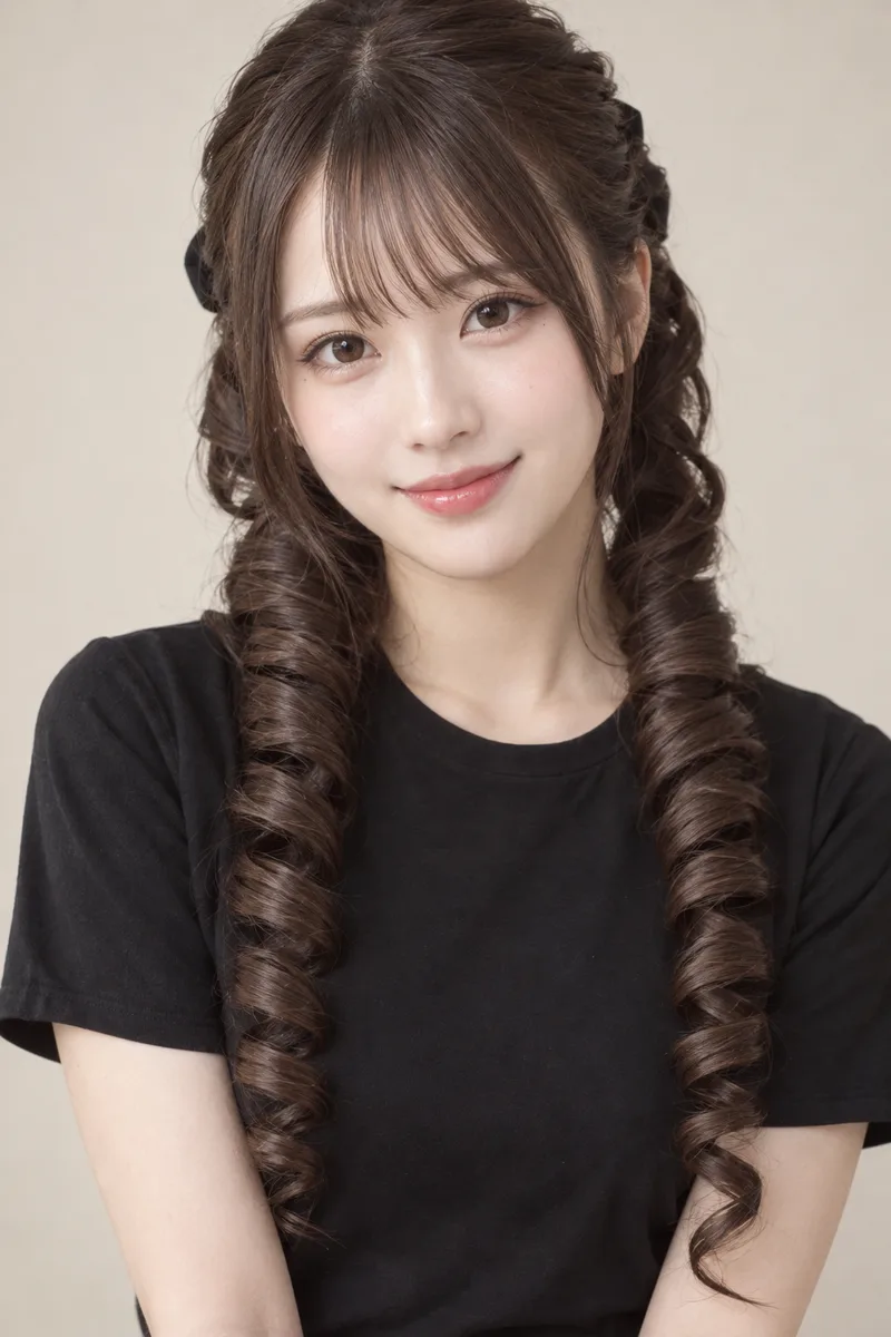 with long hair styled into thick, tight, vertical corkscrew ringlets that hang like spiral drills on both sides of her face, elegant ojou-sama drill hair を足して生成した例（3枚目）