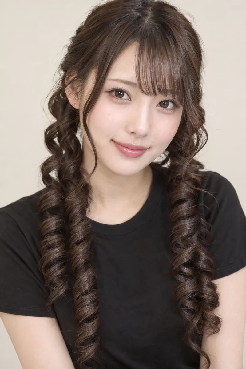 with long hair styled into thick, tight, vertical corkscrew ringlets that hang like spiral drills on both sides of her face, elegant ojou-sama drill hair を足して生成した例（4枚目）