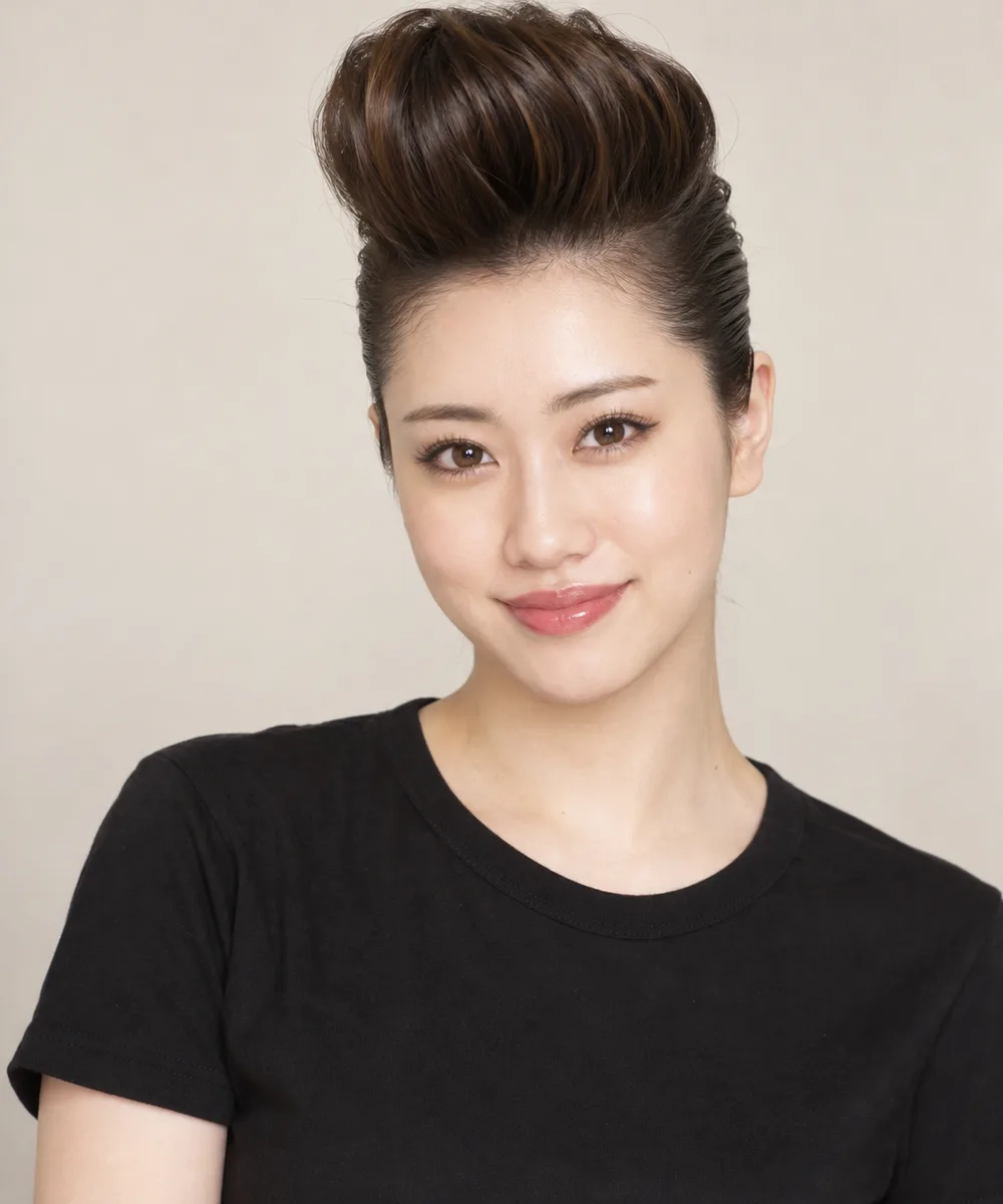 with a tall greaser-style pompadour, the front hair swept up and back into a big rounded quiff high above her forehead, the sides slicked back tightly with gel, 1950s rockabilly hairstyle を足して生成した例（2枚目）