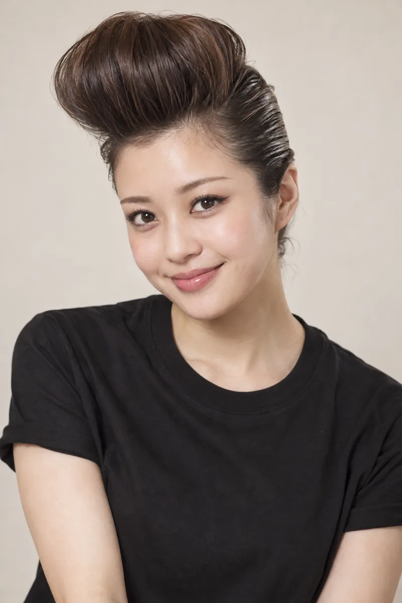 with a tall greaser-style pompadour, the front hair swept up and back into a big rounded quiff high above her forehead, the sides slicked back tightly with gel, 1950s rockabilly hairstyle を足して生成した例（4枚目）