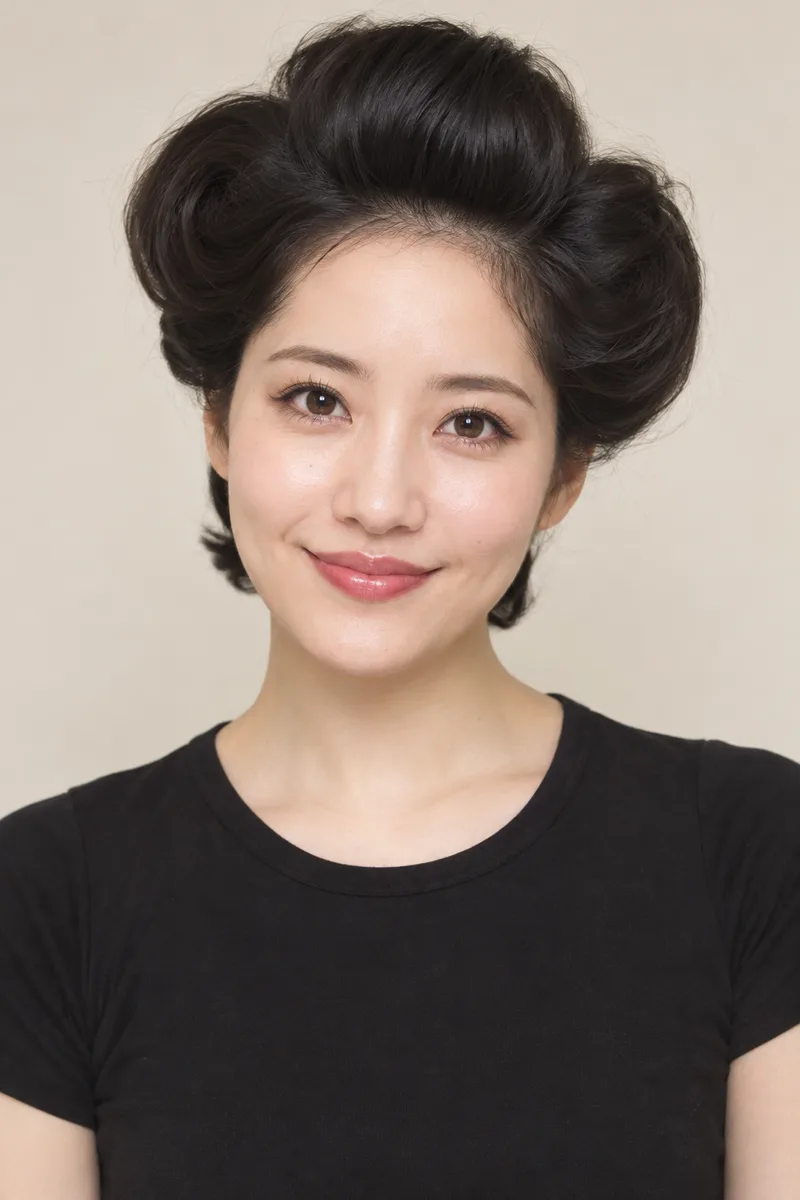 with dark hair styled into three large rounded puffs on top of her head, two puffs on the sides and one in the middle, short at the neck, like a 1950s Japanese housewife hairstyle を足して生成した例（1枚目）