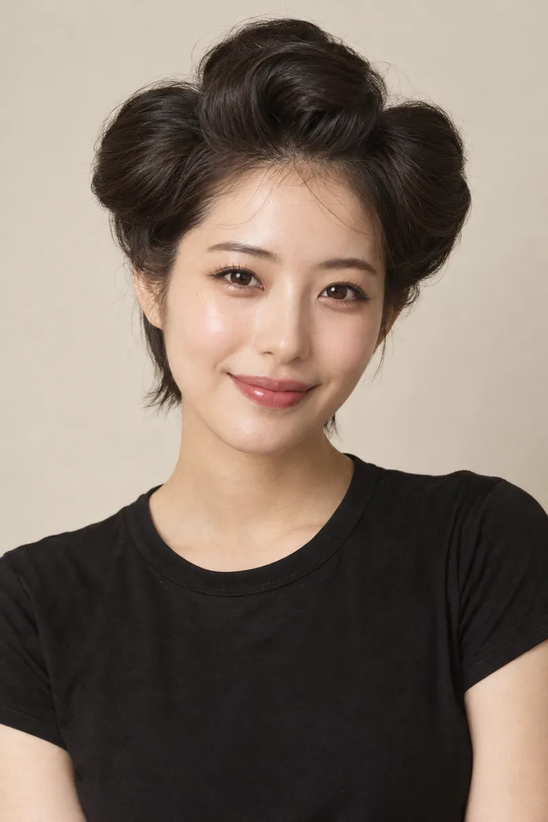 with dark hair styled into three large rounded puffs on top of her head, two puffs on the sides and one in the middle, short at the neck, like a 1950s Japanese housewife hairstyle を足して生成した例（2枚目）