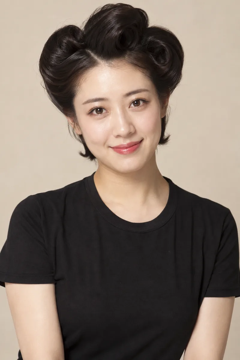 with dark hair styled into three large rounded puffs on top of her head, two puffs on the sides and one in the middle, short at the neck, like a 1950s Japanese housewife hairstyle を足して生成した例（3枚目）