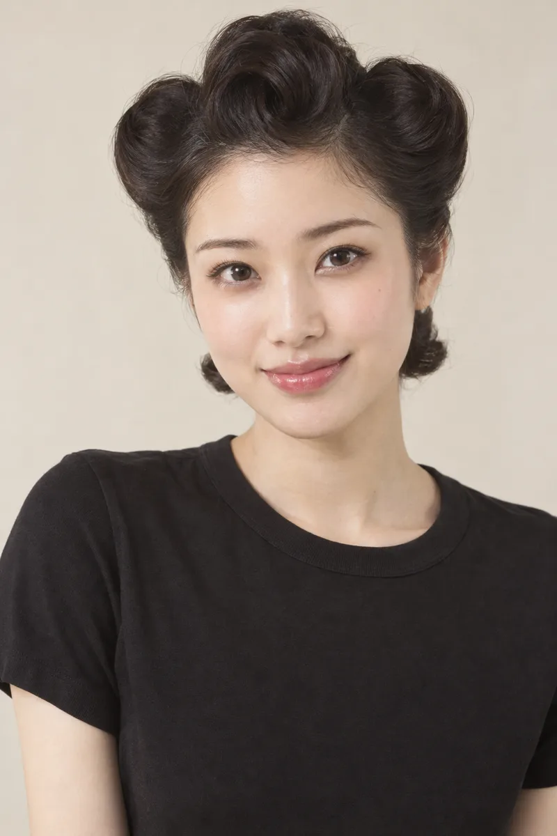 with dark hair styled into three large rounded puffs on top of her head, two puffs on the sides and one in the middle, short at the neck, like a 1950s Japanese housewife hairstyle を足して生成した例（4枚目）