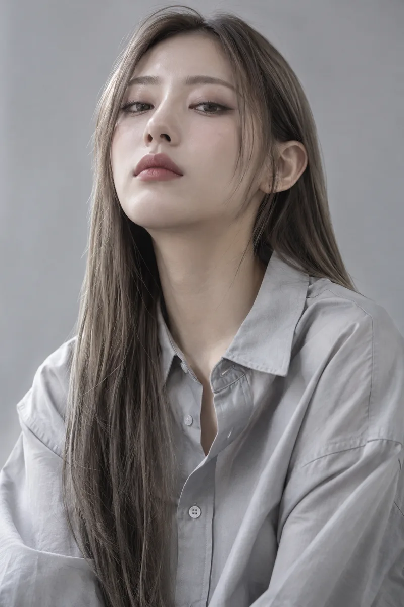cold stare, icy aloof expression, eyes slightly narrowed, chin slightly raised, looking down at the camera, lips pressed into a flat lineで生成した例（2枚目）