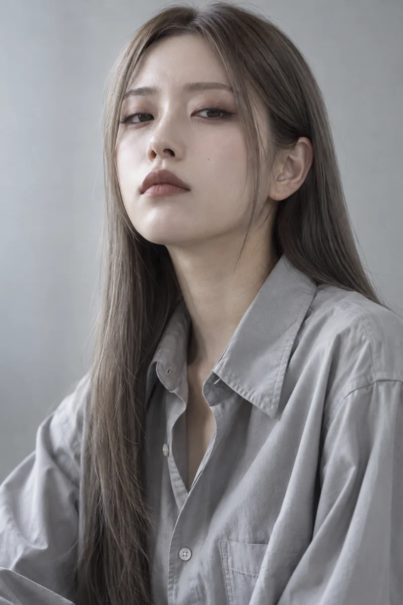cold stare, icy aloof expression, eyes slightly narrowed, chin slightly raised, looking down at the camera, lips pressed into a flat lineで生成した例（3枚目）