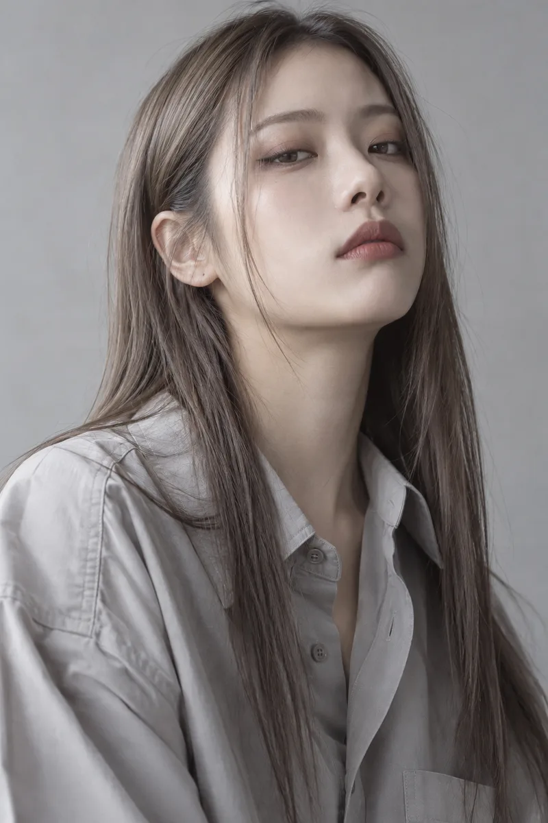 cold stare, icy aloof expression, eyes slightly narrowed, chin slightly raised, looking down at the camera, lips pressed into a flat lineで生成した例（4枚目）