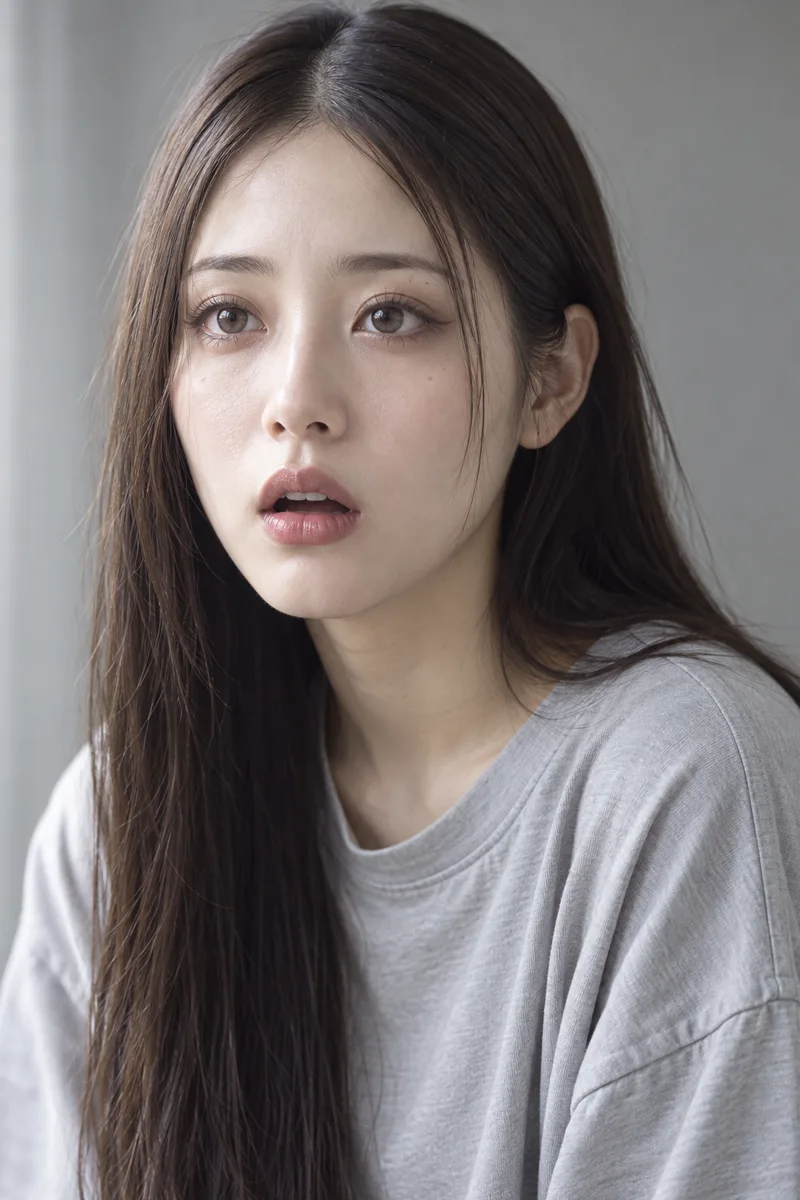 dumbfounded, mouth hanging slightly open, blank vacant stare, eyebrows relaxed and not raisedで生成した例（2枚目）