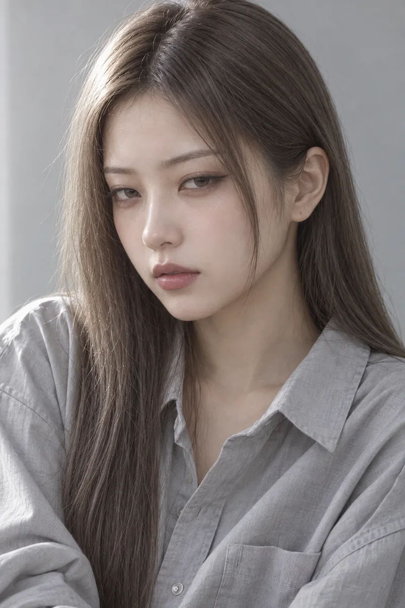 half-closed eyes staring flatly at the camera with suspicion, upper eyelids lowered halfway over the pupils, eyebrows slightly lowered, lips closedで生成した例（2枚目）