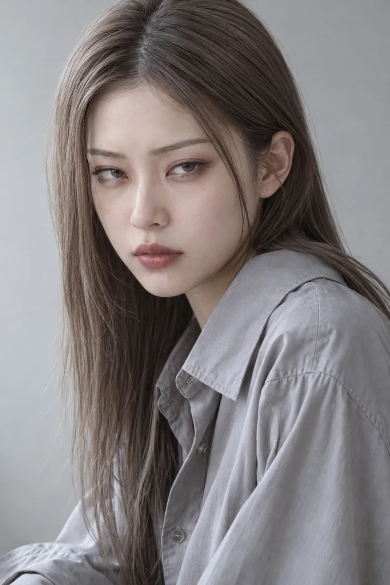 half-closed eyes staring flatly at the camera with suspicion, upper eyelids lowered halfway over the pupils, eyebrows slightly lowered, lips closedで生成した例（3枚目）