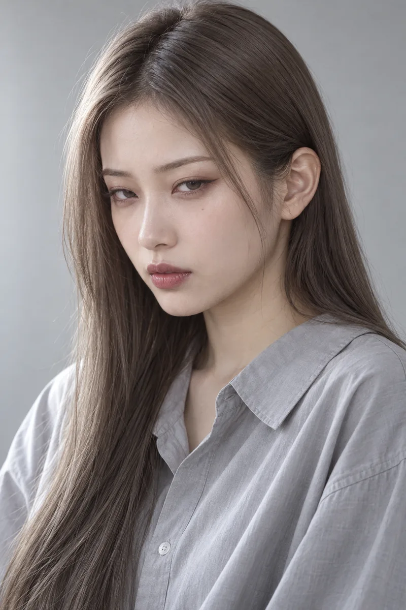 half-closed eyes staring flatly at the camera with suspicion, upper eyelids lowered halfway over the pupils, eyebrows slightly lowered, lips closedで生成した例（4枚目）