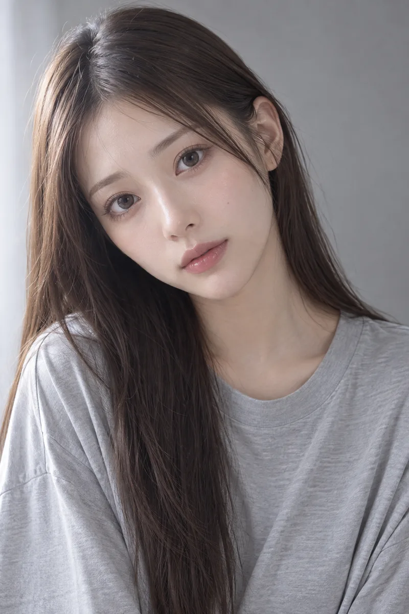 blank innocent look, wide round eyes, head tilted to one side, eyebrows relaxed, lips closedで生成した例（2枚目）