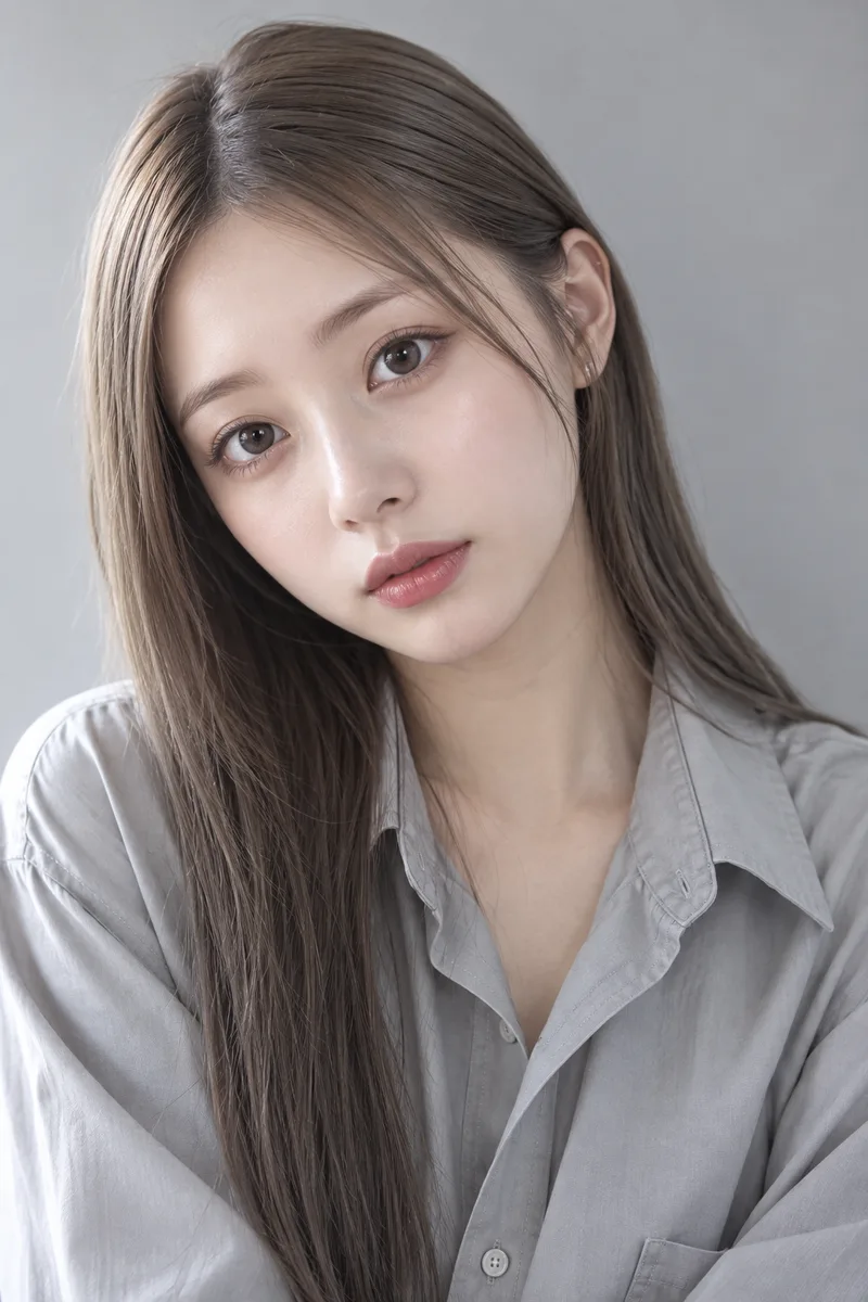 blank innocent look, wide round eyes, head tilted to one side, eyebrows relaxed, lips closedで生成した例（3枚目）