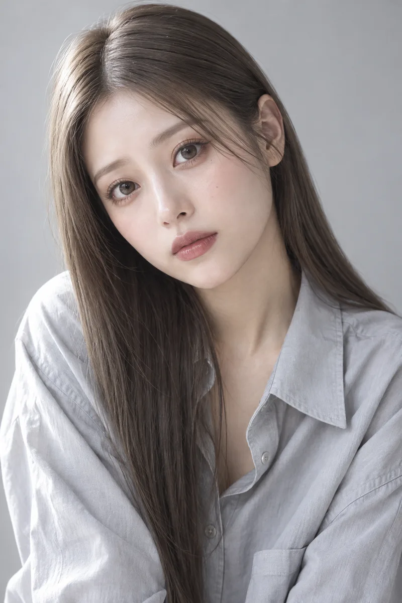 blank innocent look, wide round eyes, head tilted to one side, eyebrows relaxed, lips closedで生成した例（4枚目）