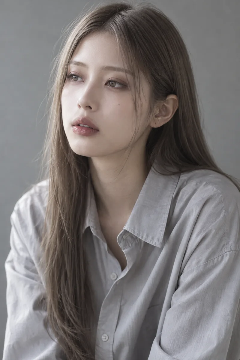 spaced out, unfocused eyes gazing blankly into the distance past the camera, lips slightly parted, slack relaxed faceで生成した例（2枚目）