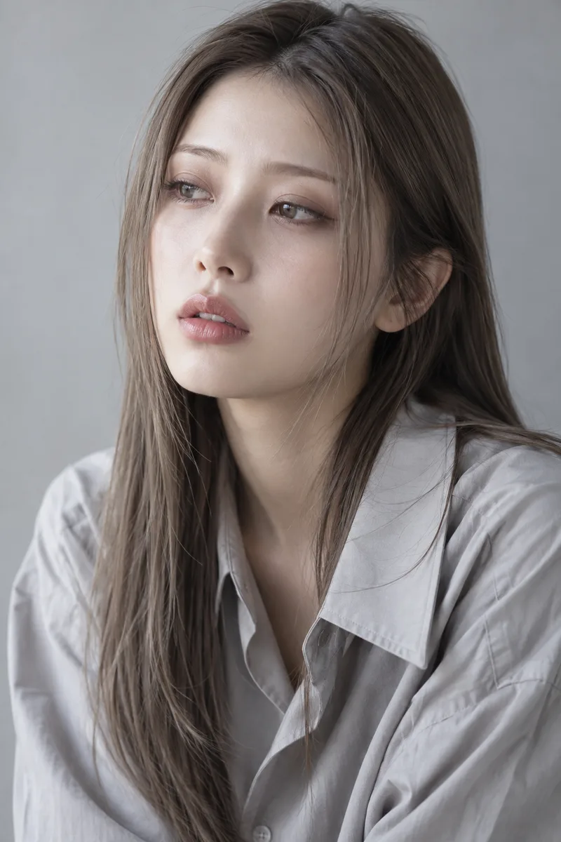 spaced out, unfocused eyes gazing blankly into the distance past the camera, lips slightly parted, slack relaxed faceで生成した例（3枚目）
