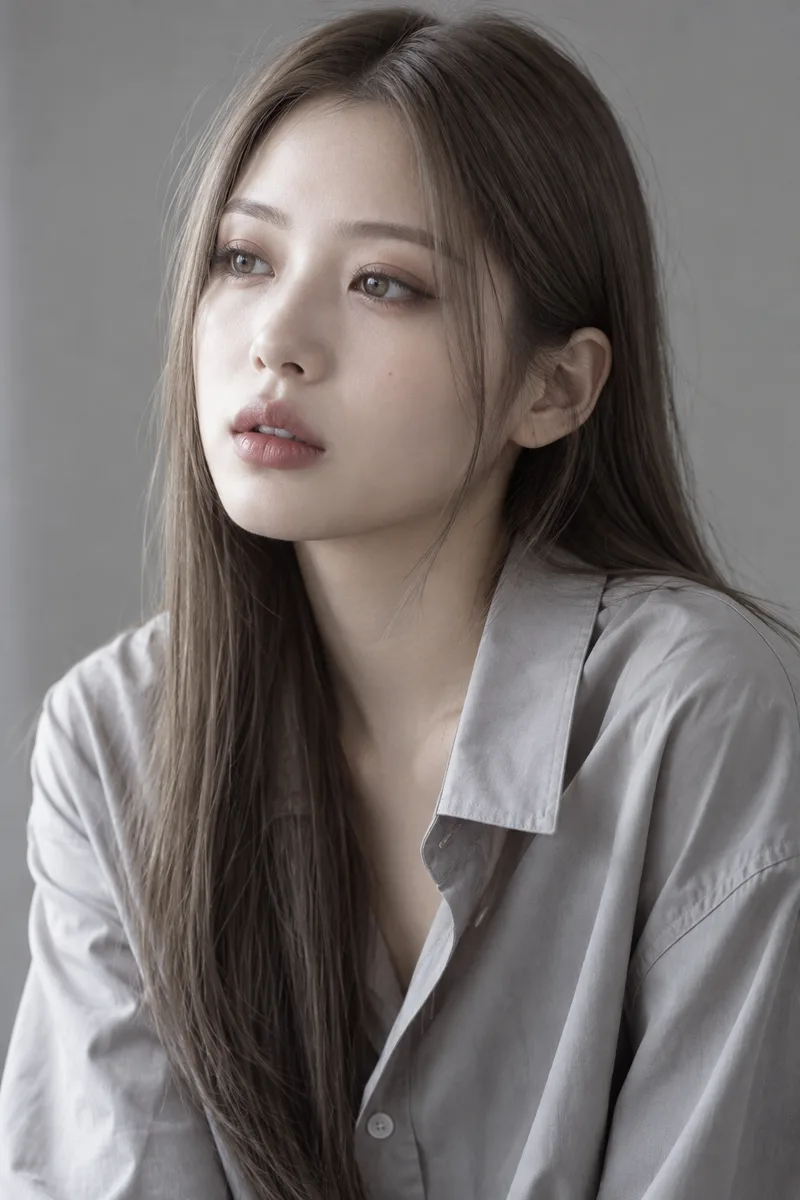 spaced out, unfocused eyes gazing blankly into the distance past the camera, lips slightly parted, slack relaxed faceで生成した例（4枚目）