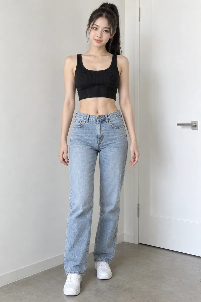fit body with clearly defined visible abdominal muscles, wearing a black ribbed crop top that shows her toned midriffで生成した例（2枚目）